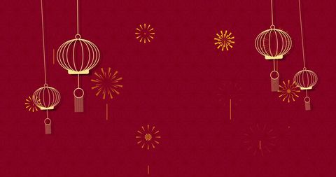 Elegant Chinese Lanterns and Fireworks on Red Background