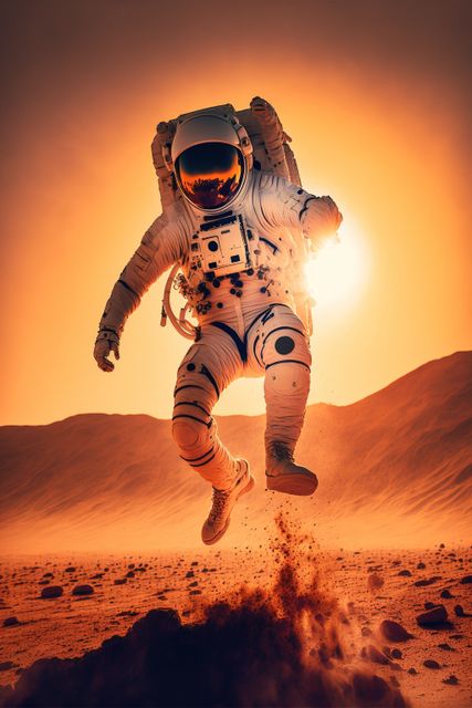 Astronaut floating on planet mars with sun and mountains, created using generative ai technology. Space, planets and astronaut concept, digitally generated image.