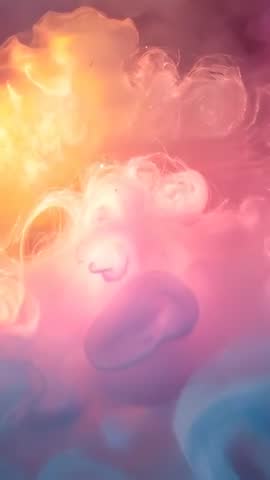 Shifting iridescent fluid plumes and drifting spheres in vertical color-mixing video