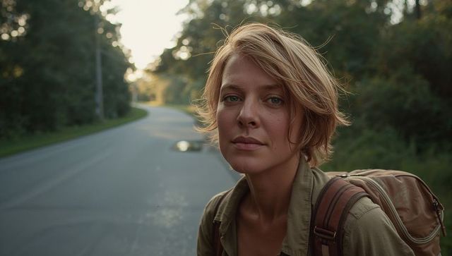 Solo traveler standing on country road carrying backpack looking thoughtful at golden hour