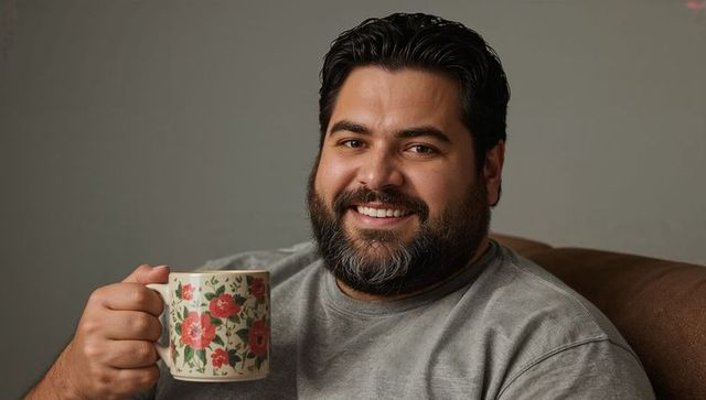 Smiling man holding floral mug relaxing in chair cozy casual morning at home