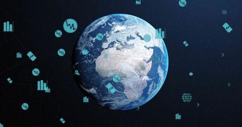Earth in Digital Network with Analytics Icons Against Cosmic Background