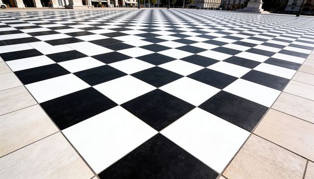 Expansive Black-and-White Checkerboard Plaza Featuring Arcades, Beige Slabs, Monument