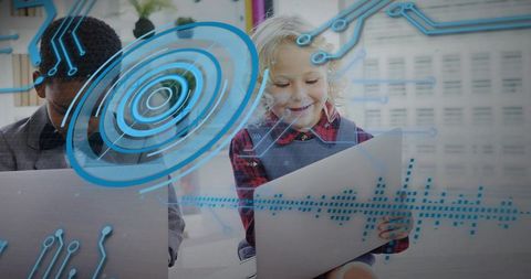 Children interacting on laptops and tablet with futuristic blue hud for edtech learning