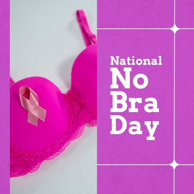 National no bra day on pink background with pink ribbon and bra. No bra day and celebration concept.