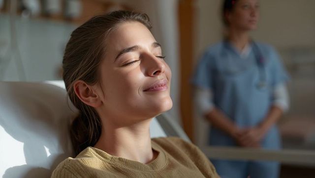 Young woman resting in sun on hospital recliner with nurse watching, serene recovery