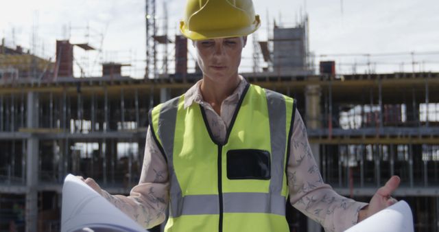 Confident Engineer Analyzing Blueprints at Construction Site - Download Free Stock Images Pikwizard.com