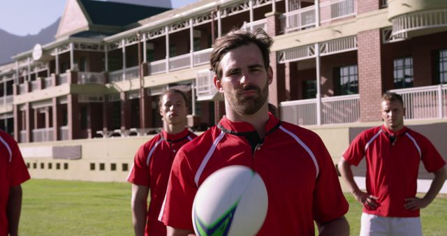 Rugby players in red jerseys stand on grass field with ball, preparing for match outside historic building. Ideal for content about sports events, team dynamics, athletic training, physical fitness, or competitive environments.