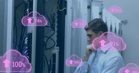 Engineer Analyzing Cloud Data in Server Room