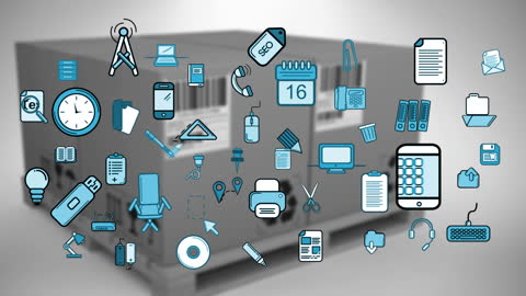 Abstract Digital Icons on Shipping Boxes in Warehouse