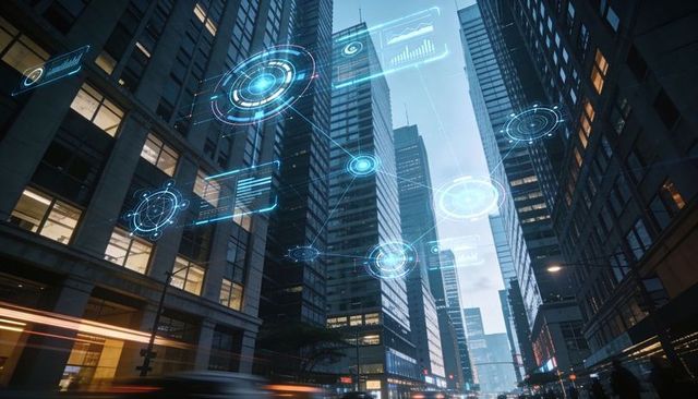Futuristic holographic network overlay connecting skyscrapers in urban night canyon