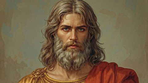 Regal bearded man zeus wearing golden tunic with red cloak and ornate brooch