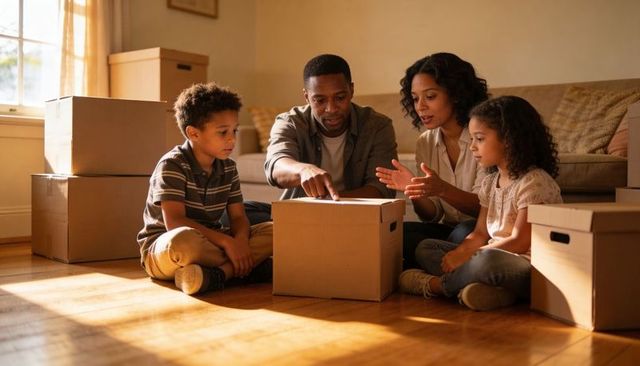 Family unpacking boxes on moving day in cozy new home, parents guiding children