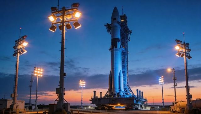 Orbital-class Rocket on Mobile Launch Platform at Twilight with Floodlights Gantry Prelaunch