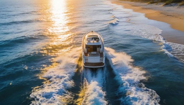 Luxury motor yacht cruising sunlit coastline at golden hour leaving foamy v-shaped wake