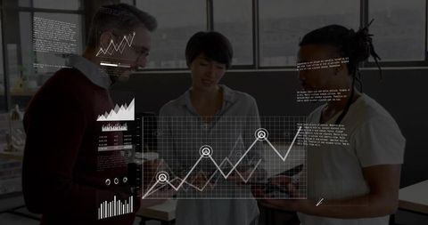 Coworkers Collaborating with AR Data Charts on Tablet in Modern Workspace