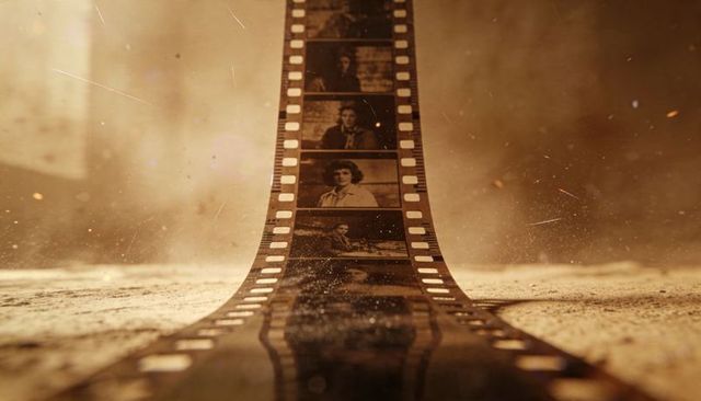 Curving vintage 35mm film strip with portrait frames and dust motes, sepia archival