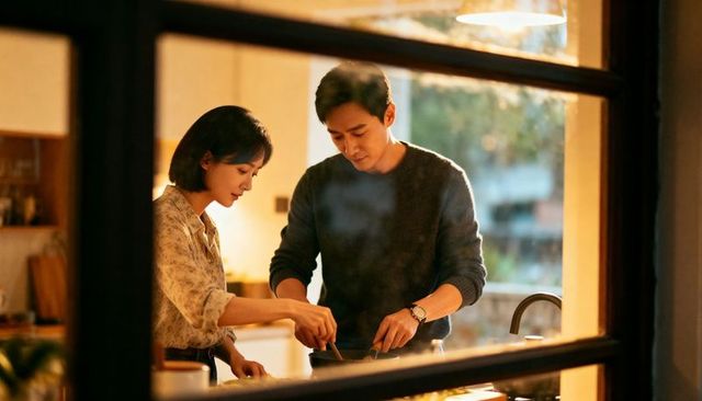 Asian couple cooking together in cozy home kitchen at dusk, stirring pan, intimate moment