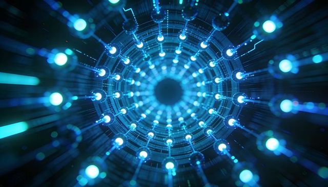 Rotating blue data core streaming glowing nodes through futuristic cyber tunnel