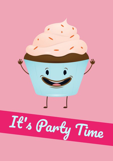 This festive image shows a cheerful cupcake with a smiling face on a pink background, paired with 'It's Party Time' text. Perfect for party invitations, birthday celebrations, event announcements, and playful marketing materials.