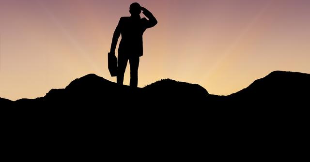 Silhouette of a businessman standing on a mountain peak during sunset, holding a briefcase. This image conveys themes of success, achievement, and leadership. It is ideal for use in business presentations, motivational posters, career development materials, and inspirational content.
