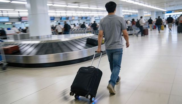 Walking asian traveler pulling rolling suitcase past baggage carousel in airport terminal