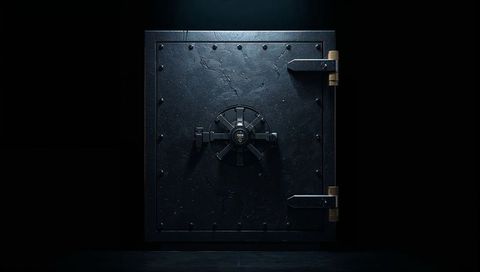 Heavy square vault door standing under dramatic spotlight with wheel dial and rivets