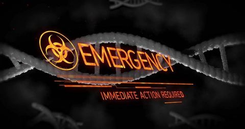 Biohazard emergency alert with dna helix and ember effect, immediate action required