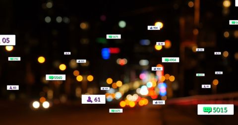 Social media engagement over city landscape at night