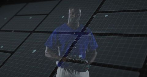 Athlete Holding Glove in Futuristic Digital Space