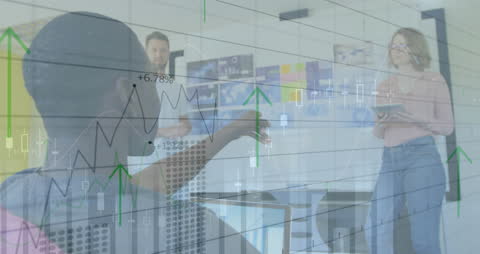 Multiracial Work Team Brainstorming with Business Growth Graphs Overlay