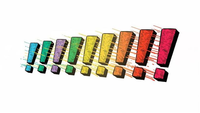 Colorful 3d exclamation marks row moving across white backdrop rainbow pop art poster