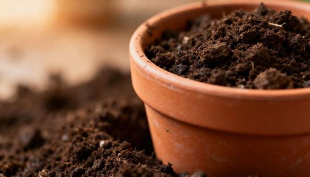 Close-up terracotta pot holding rich potting soil on wooden bench with loose soil
