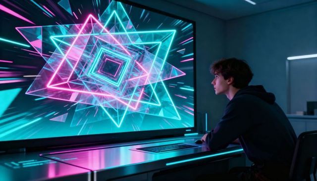 Teen sitting at neon ultrawide monitor facing futuristic geometric tunnel display