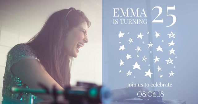 Image shows a smiling woman DJ celebrating her 25th birthday, creating a vibrant and joyous atmosphere. Ideal for use in promotional materials for birthday parties, event invitations, social media posts, or party supply websites to emphasize fun and excitement while highlighting birthday celebrations.