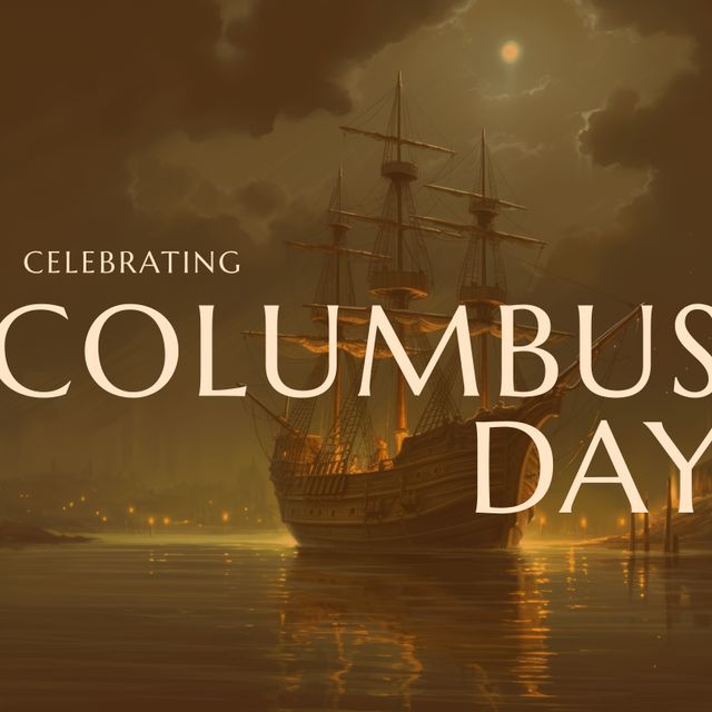 Composition of celebrating columbus day text over wooden ship. Columbus day, discoveries and sea travel concept digitally generated image.