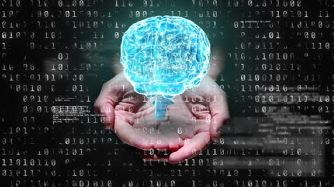 Animated Brain with Binary Overlay Illustrating Data Processing