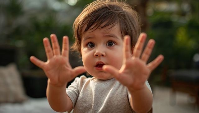 Curious toddler reaching forward with outstretched hands on sunlit backyard patio