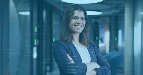 confident businesswoman standing amidst digital code - Download Free Stock Images Pikwizard.com