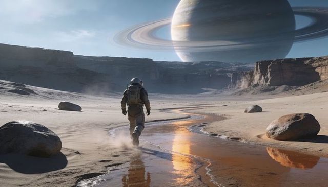 Solitary astronaut walking along winding stream in alien desert beneath ringed gas giant