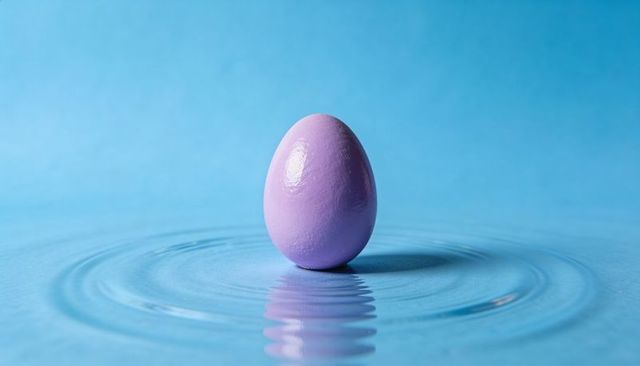 Pastel purple egg creating ripples on glossy blue surface with reflection and symmetry