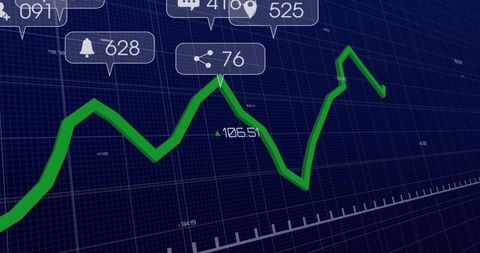 Green 3D Line Chart Tracking Market Trends on Dark Grid Dashboard Interface Analytics