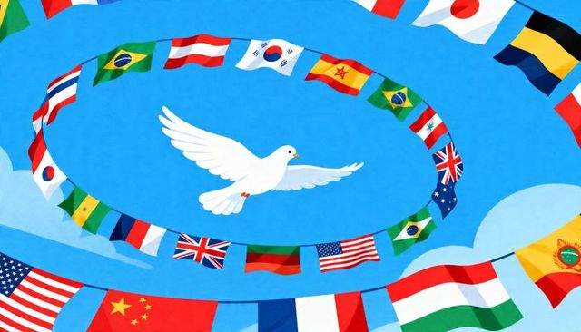 Soaring white dove encircled by concentric national flags over bright blue sky