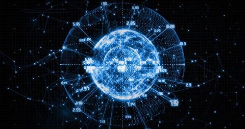 Neon Data Globe Visualizing Global Network Nodes and Radial Connections on Digital Grid