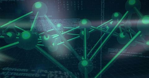 Neon Green Molecular Network Visualization with Floating Code and Futuristic Grid