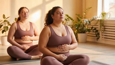 Plus size women practicing mindful breathing on yoga mats in sunlit home with plants