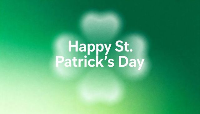 Minimal st. Patrick's day greeting featuring blurred shamrock glow over green gradient