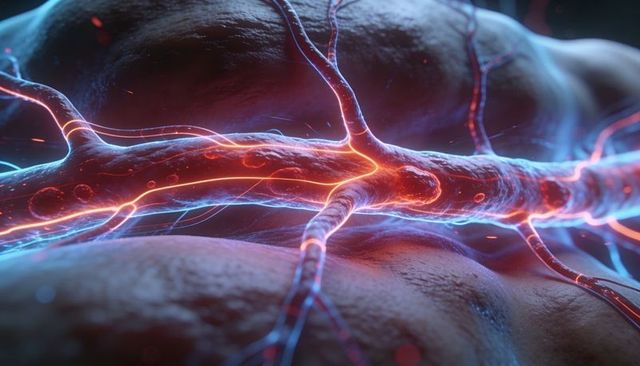 Glowing neural fiber network crossing organic tissue macro closeup with luminous junctions