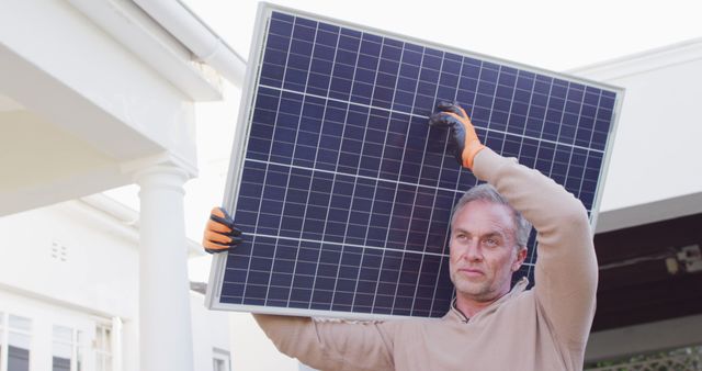 Mature man installing solar panel on rooftop, wearing gloves. Useful for illustrating renewable energy efforts, sustainable building practices, and DIY solar panel installation. Ideal for use in articles, advertisements, and content related to green energy solutions.