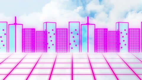 Futuristic Neon Digital Cityscape with Sky and Clouds